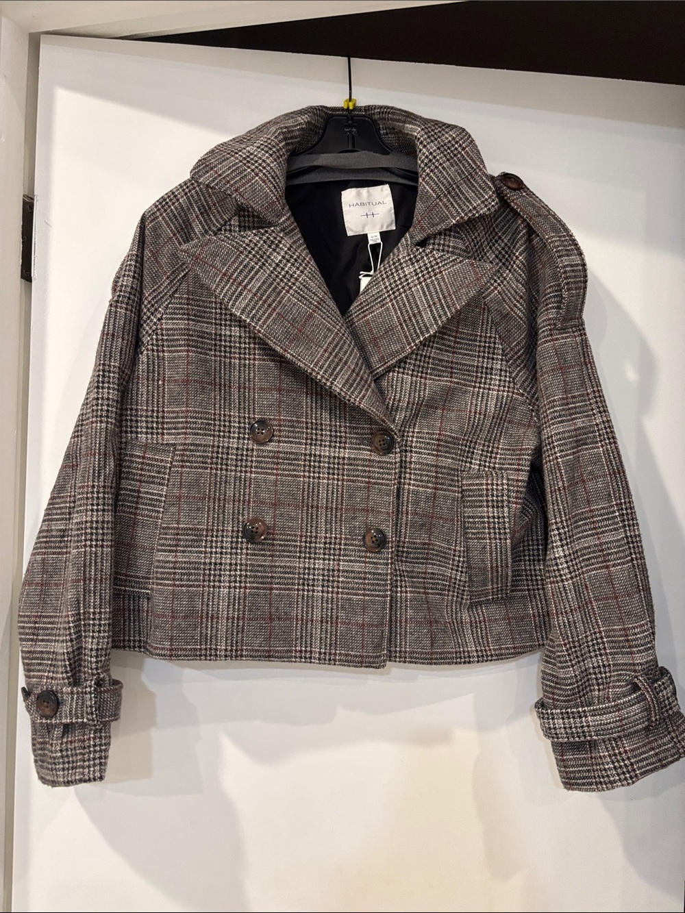 Habitual Plaid Double-Breasted Cropped Peacoat in Gray with Red Accents
